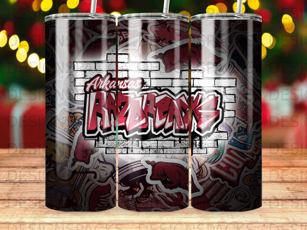 Arkansas Razorbacks logo on a brick pattern tumbler.