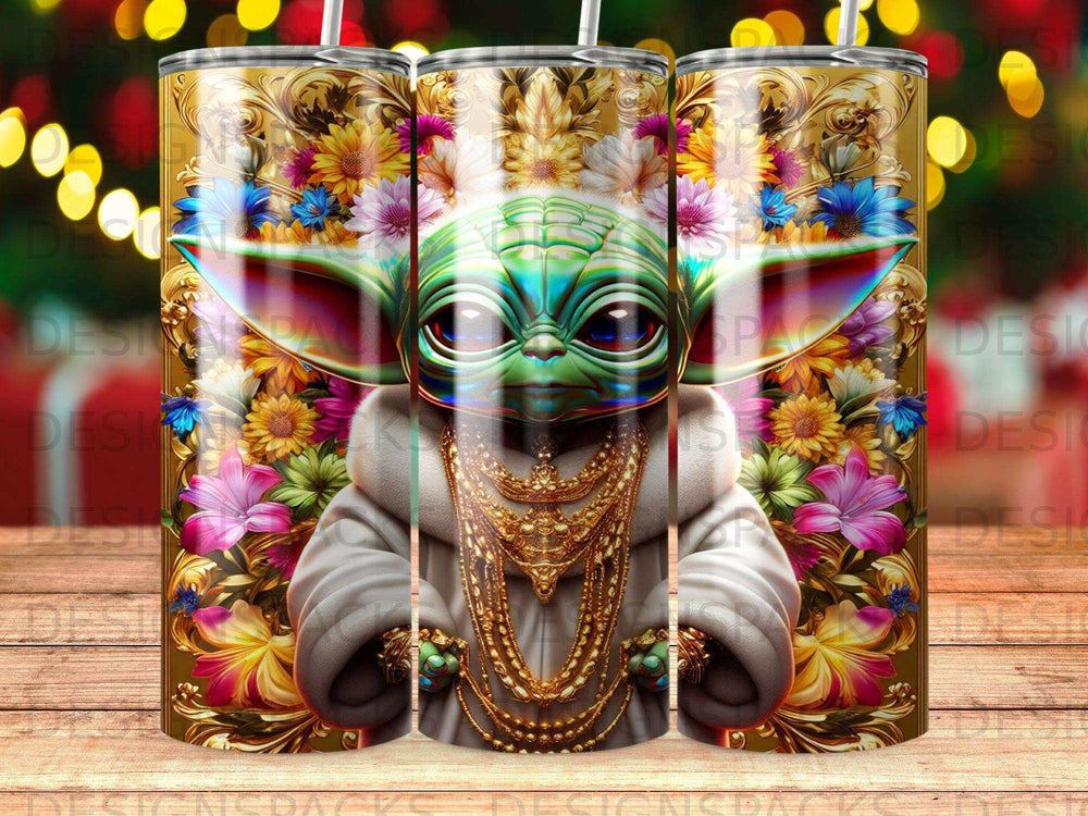 Yoda wearing gold chains and a fur coat with floral background.