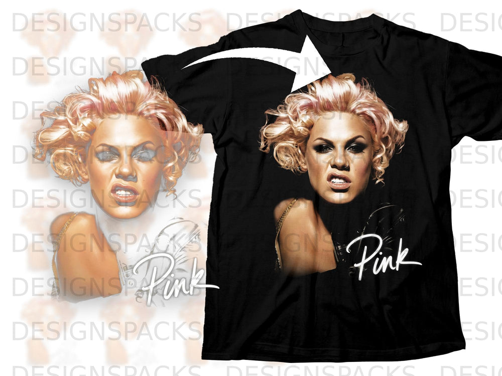 Black t-shirt with Pink's portrait and her name written in script.