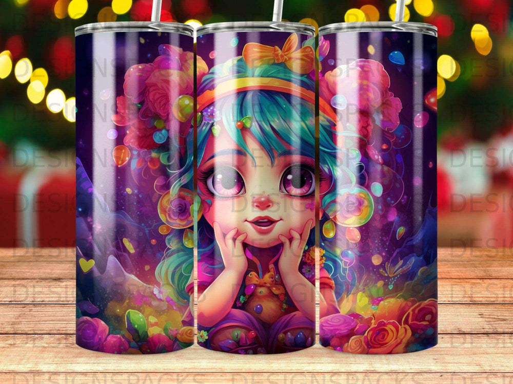 Whimsical cartoon girl with colorful hair and bright eyes, surrounded by flowers.