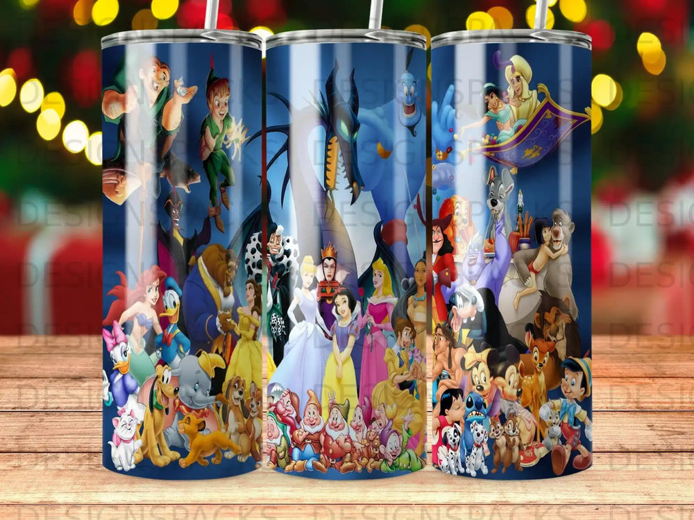 Disney characters collection on a blue tumbler with swirl pattern.