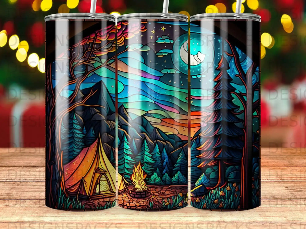 Camp scene with tent, campfire, mountains, and starry night sky.