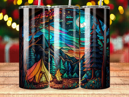 Camp scene with tent, campfire, mountains, and starry night sky.