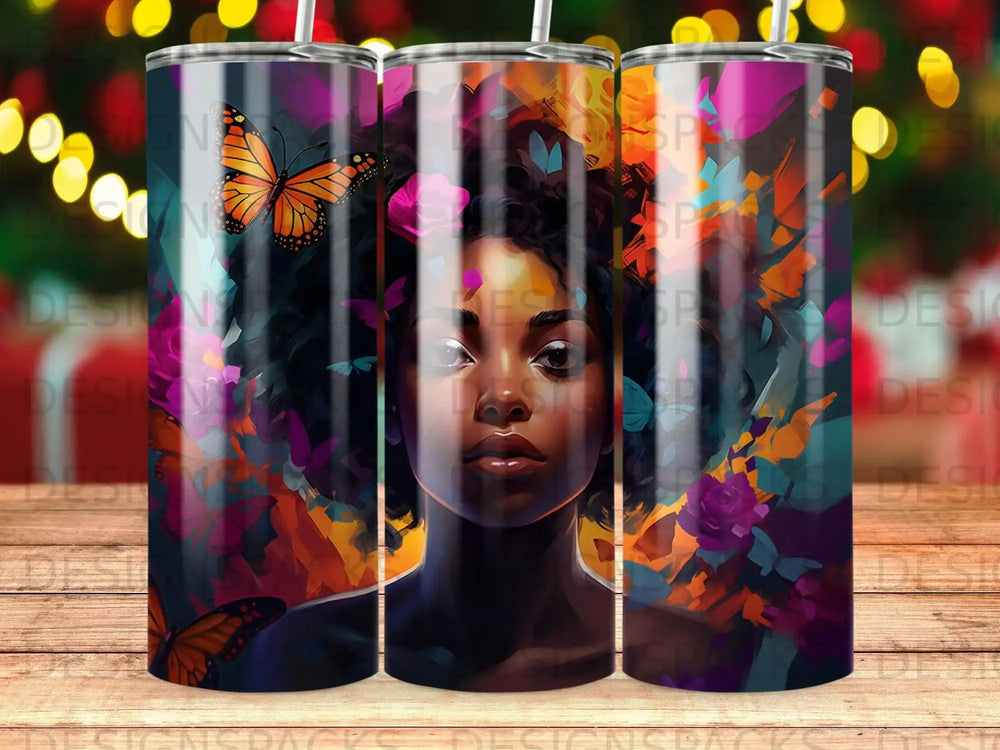 Woman with butterflies and flowers, colorful abstract background.