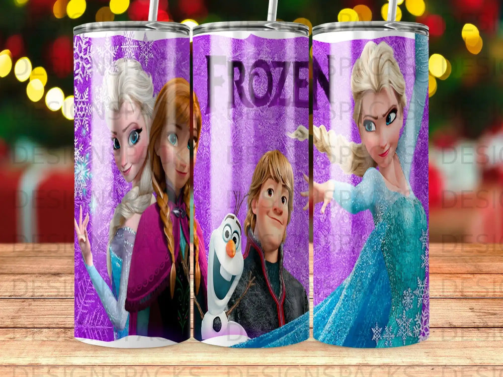 Frozen characters Elsa, Anna, and Olaf on a purple tumbler with the word "Frozen"