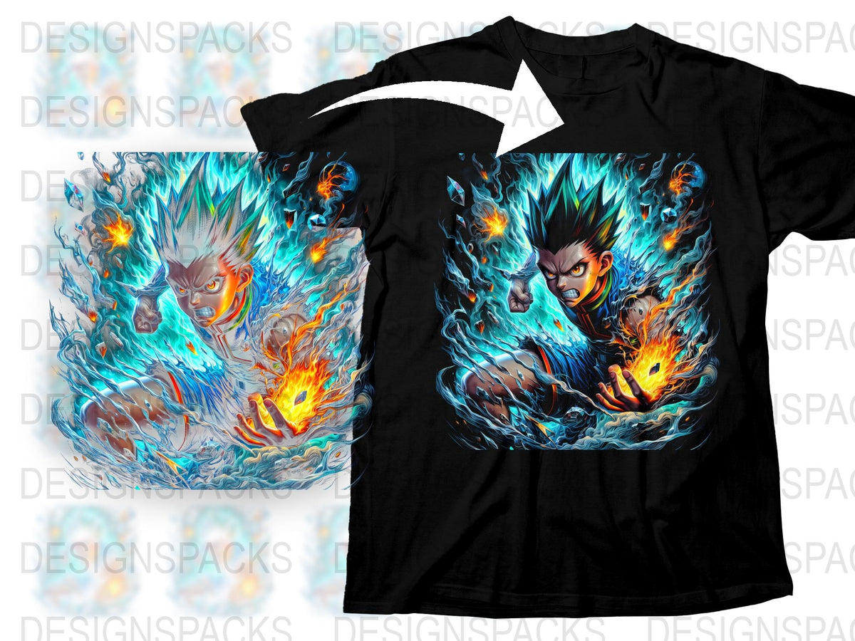 Anime Inspired Graphic T-Shirt, Blue Fire Design, Cool Manga Tee, Men's Fashion, Vibrant Print Top