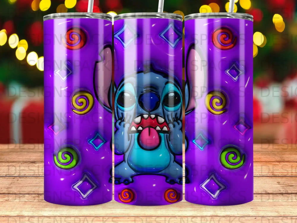 Stitch character design on a purple tumbler with geometric patterns.