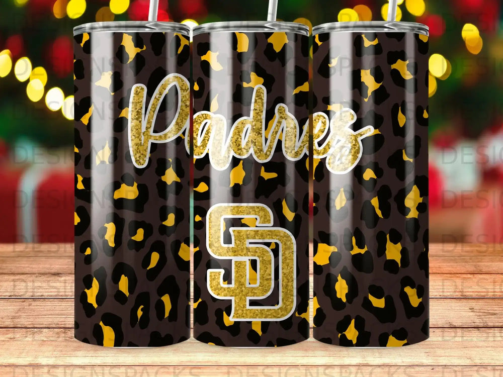 San Diego Padres logo and leopard print pattern on a tumbler.