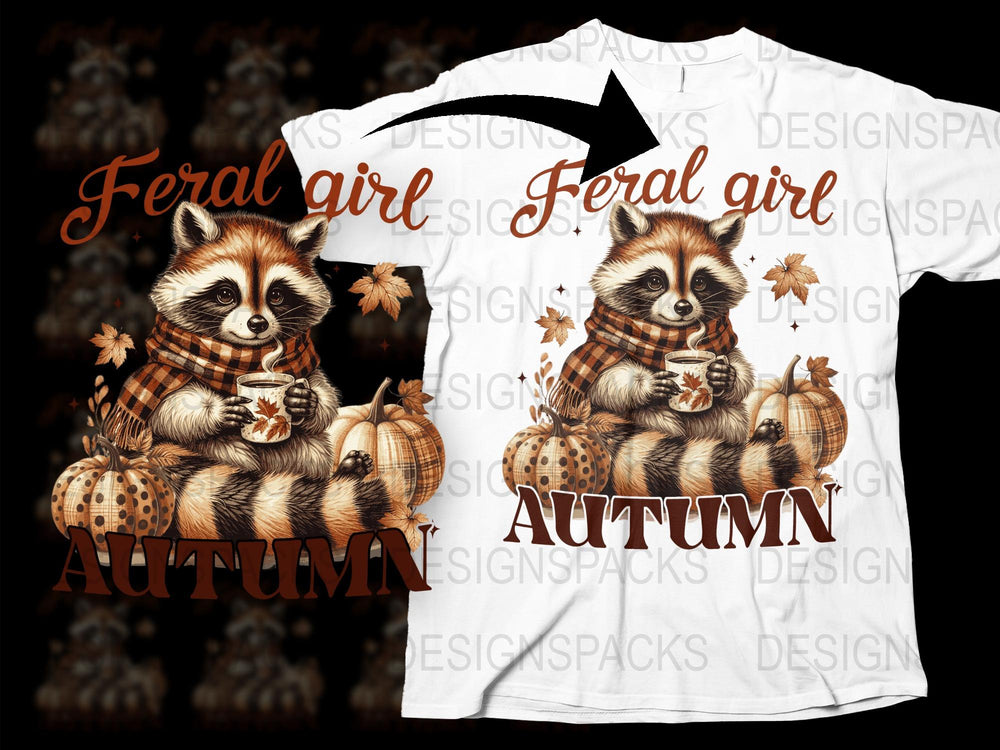 Autumn Raccoon T-Shirt, Cute Fall Leaves and Plaid Pumpkins, Seasonal Graphic Tee for Women and Men