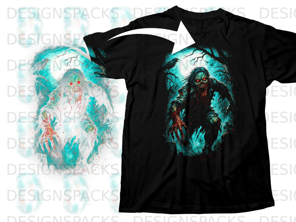 Black t-shirt featuring a scary zombie design with glowing red eyes in a graveyard.