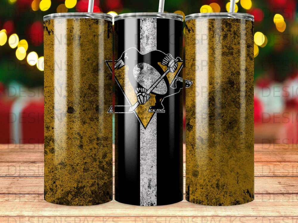 Pittsburgh Penguins logo on a distressed black and gold tumbler.