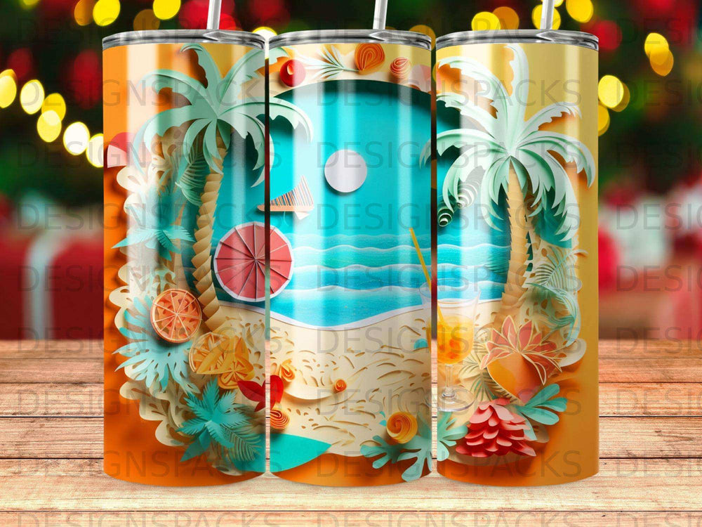 Tropical beach scene with palm trees, ocean, and fruit on a tumbler.