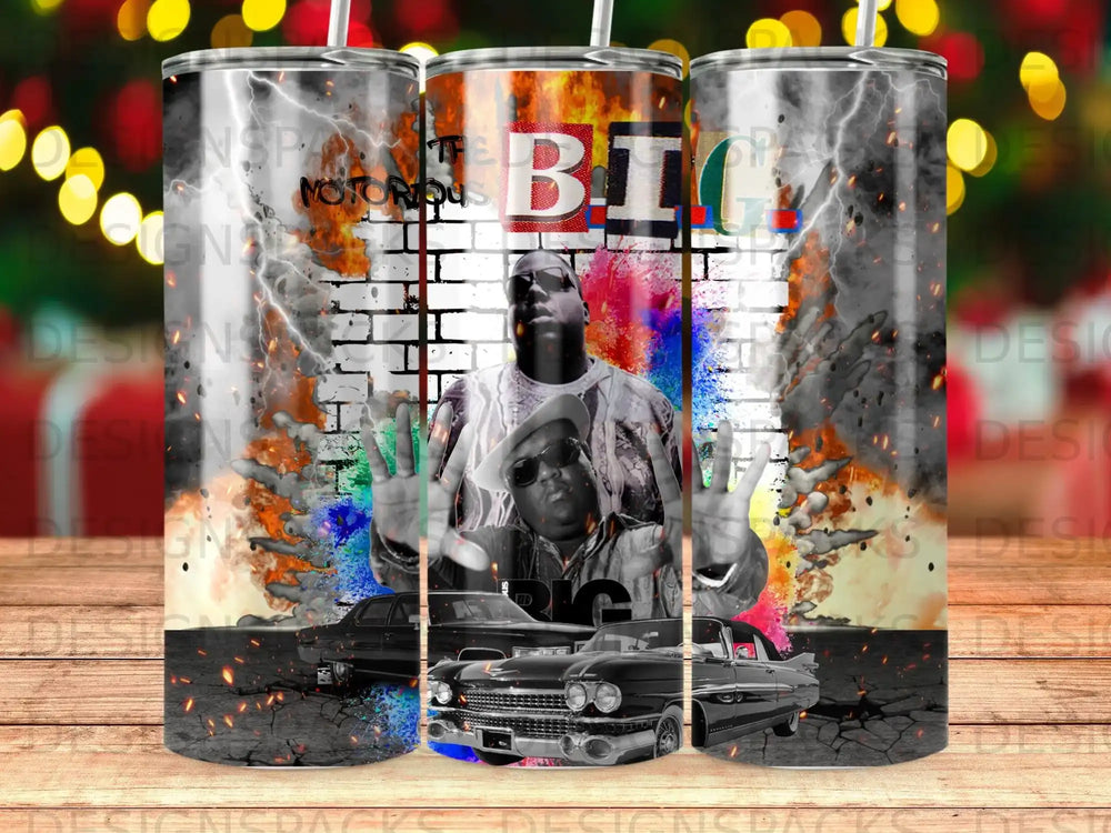 The Notorious B.I.G. with classic cars, brick wall, and fire effects.