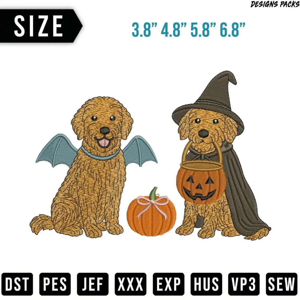 Two embroidered dogs, one as a bat, the other a witch, with pumpkins and embroidery file types.