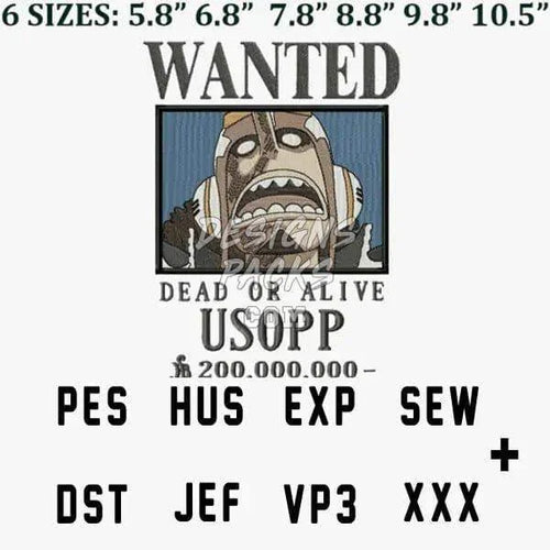 Ussop Wanted One Piece Anime Embroidery Design