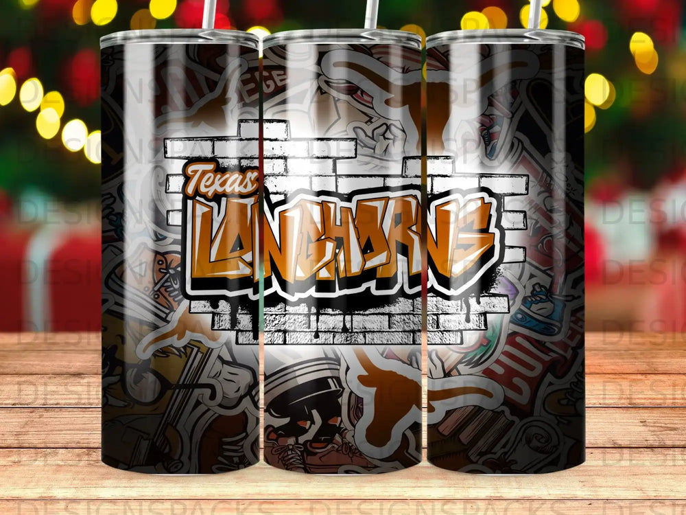 Graffiti art with "Texas Longhorns" text on a tumbler.