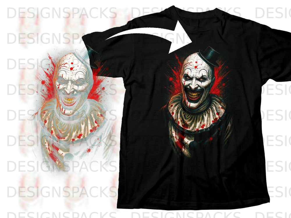 Scary clown with bloody face and top hat on a black t-shirt.