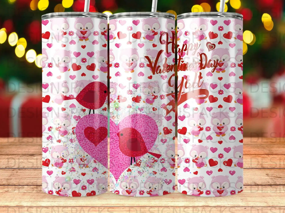 Pink tumbler with owls, hearts, and "Happy Valentine's Day" text.