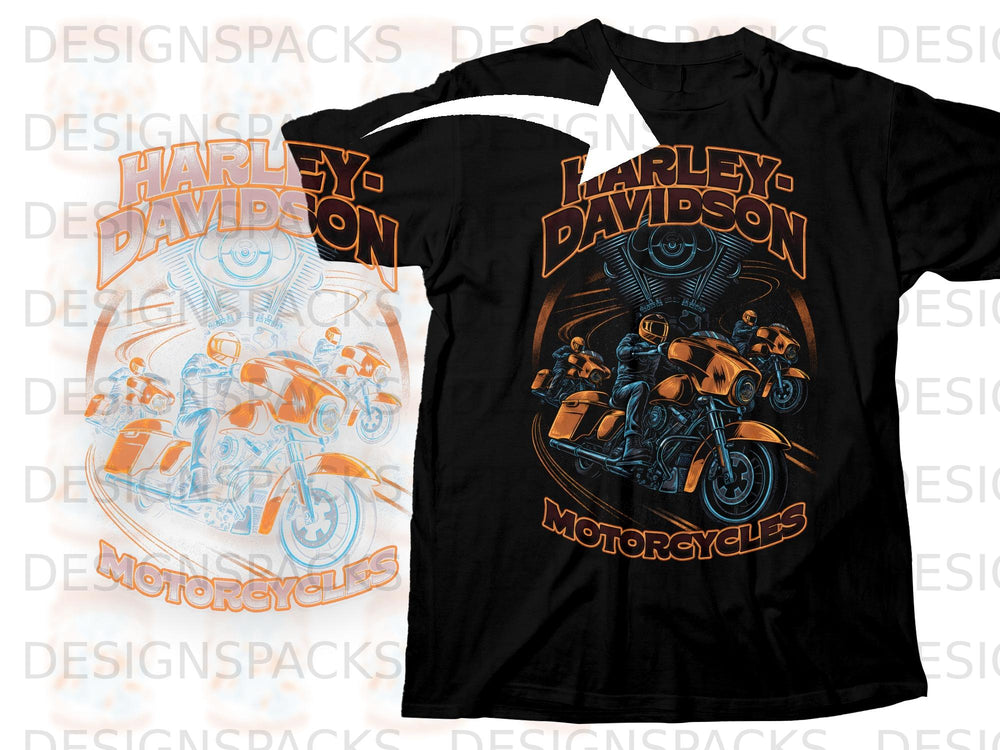 Black t-shirt with Harley-Davidson motorcycles and riders graphic.