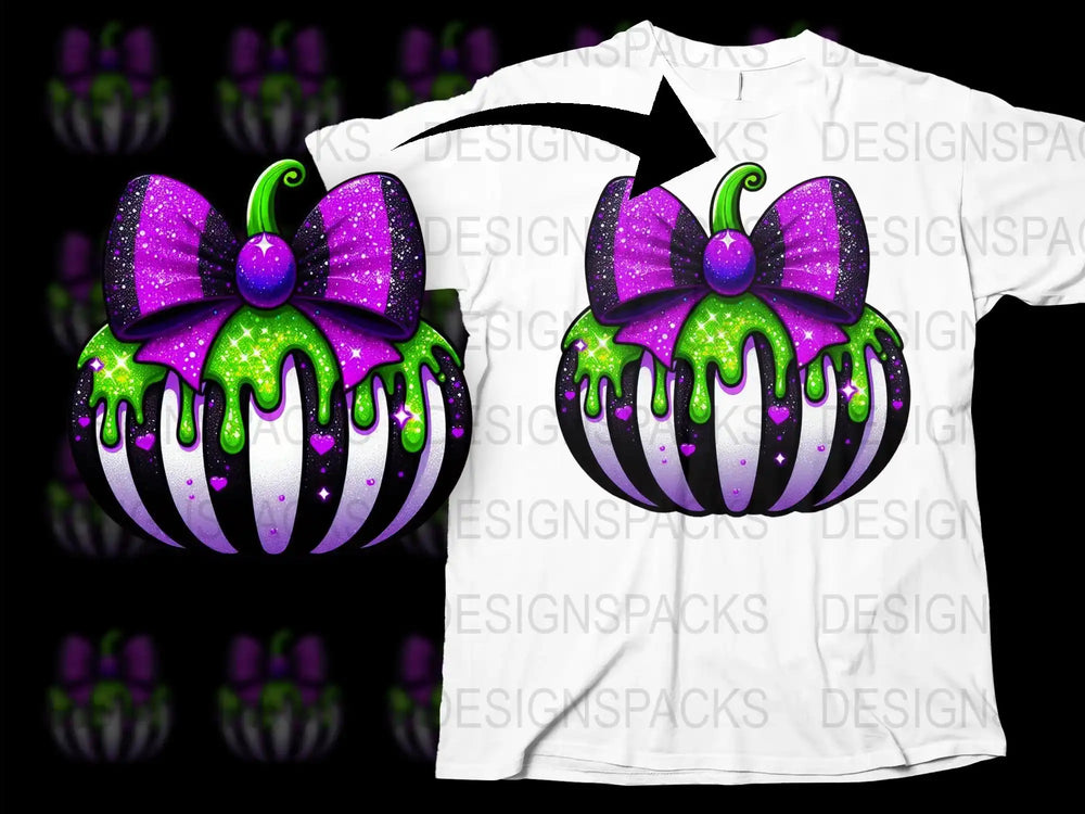 Halloween Pumpkin T-Shirt, Spooky Glitter Bow, Purple Green, Kids and Adults Halloween Tee