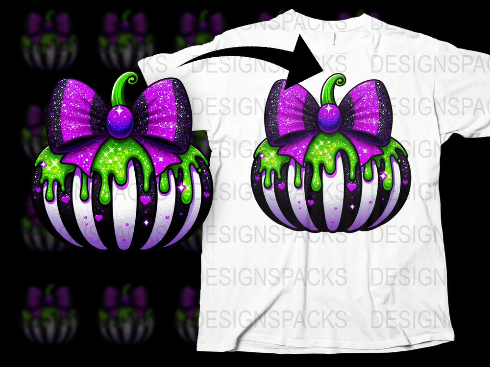 Halloween Pumpkin T-Shirt, Spooky Glitter Bow, Purple Green, Kids and Adults Halloween Tee