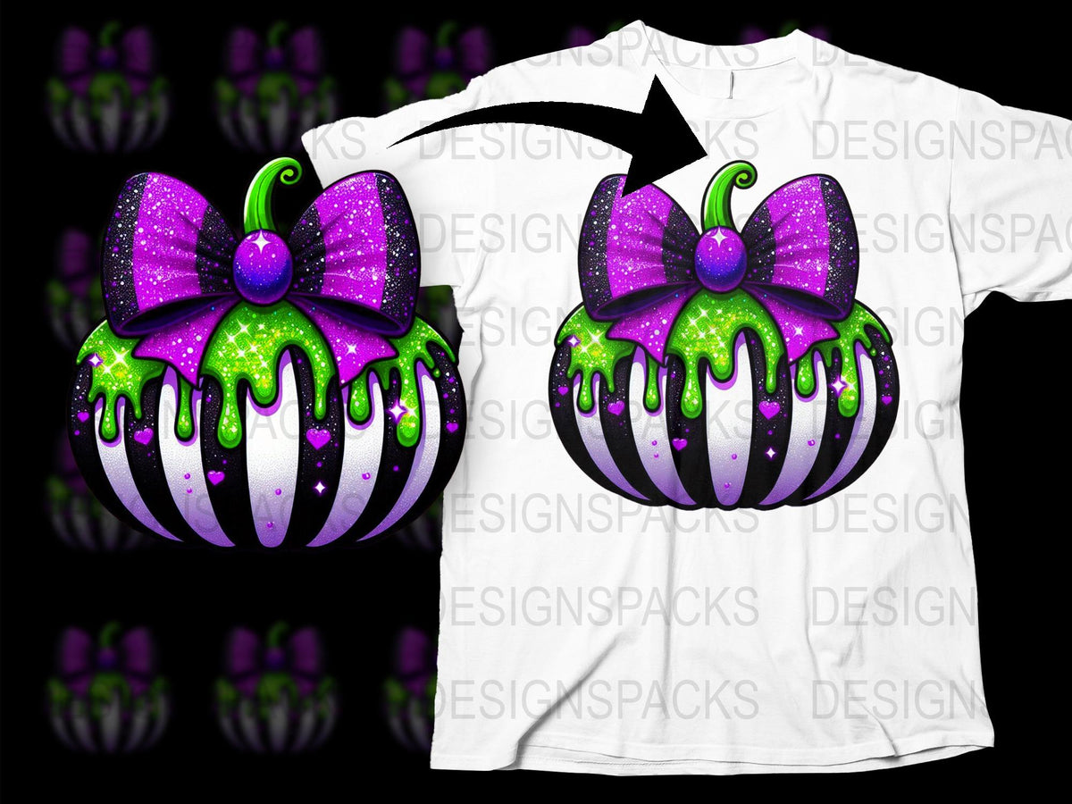 Halloween Pumpkin T-Shirt, Spooky Glitter Bow, Purple Green, Kids and Adults Halloween Tee