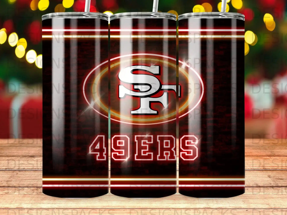 San Francisco 49ers logo and team name on a red and black striped tumbler.