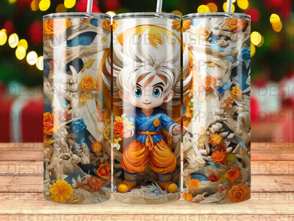 Anime character Goku holding flowers, surrounded by floral and tree branch designs.