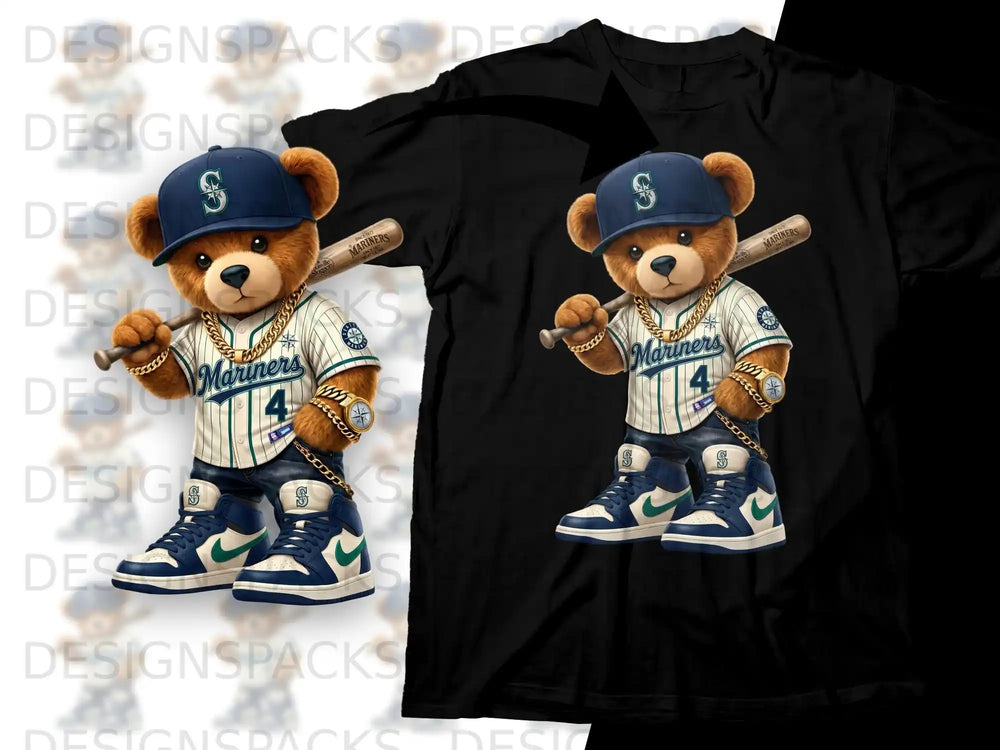 Teddy bear in a Seattle Mariners baseball uniform and gold chain.
