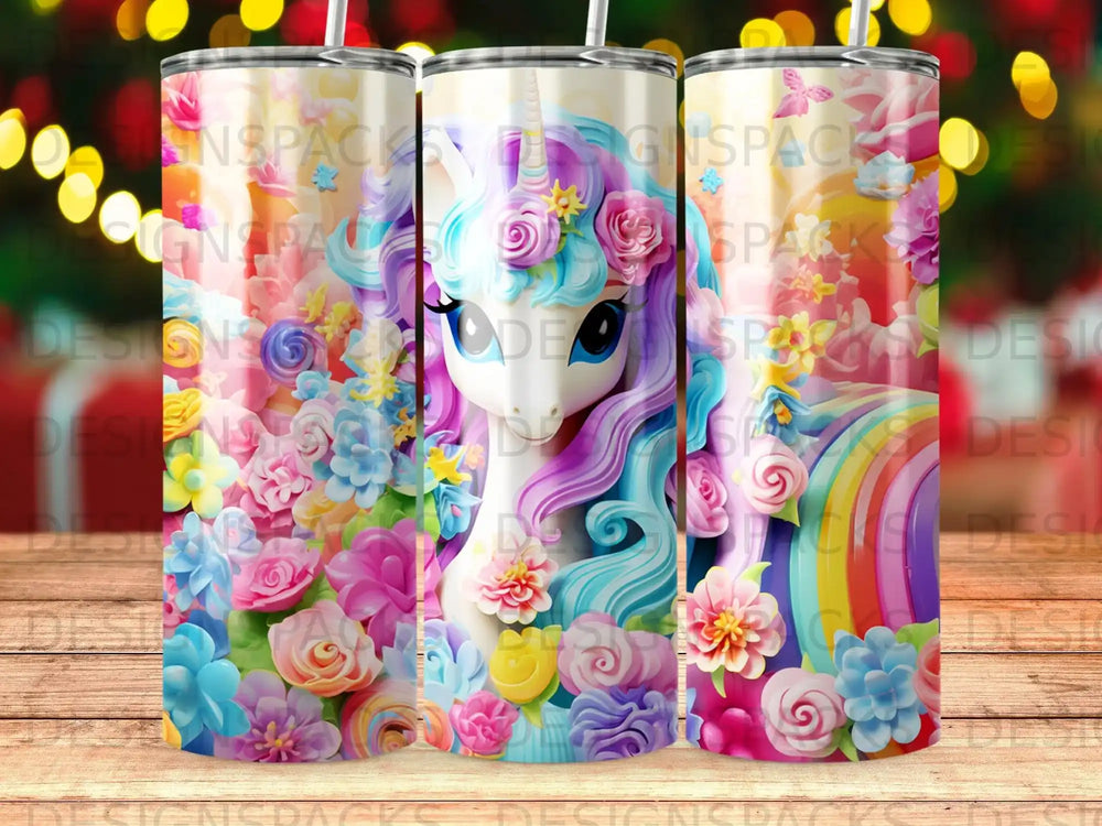 Unicorn with rainbow, flowers, and sparkles on a colorful tumbler.