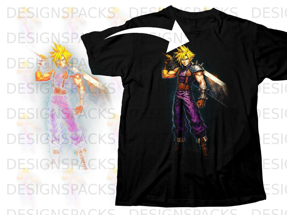 Black t-shirt featuring a stylized anime character with spiky blonde hair and a large sword.