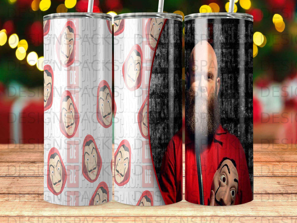 Red jumpsuit figure with Dali mask, next to repeating Dali mask pattern.