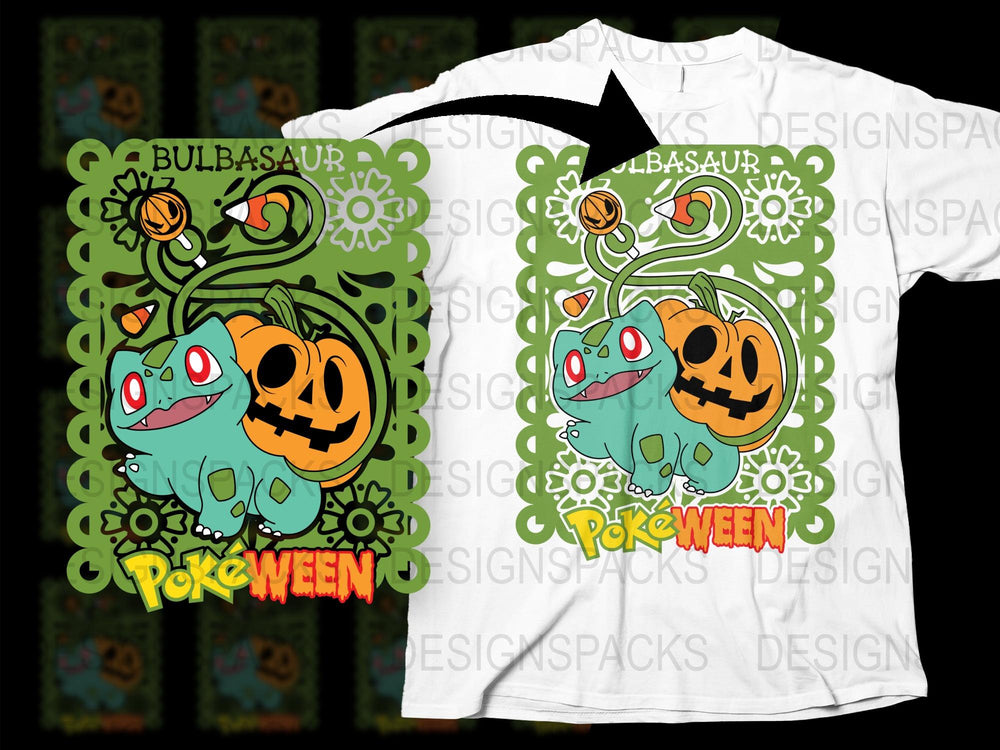 Bulbasaur Halloween T-Shirt, Pokeween Graphic Tee, Pumpkin Design, Cute Anime Style Apparel, Unique Gift Idea for Gamers