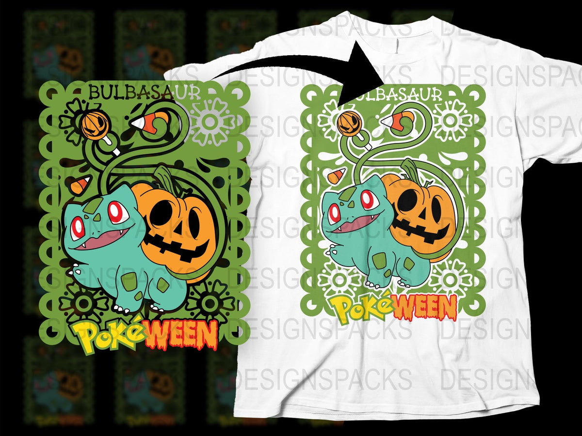 Bulbasaur Halloween T-Shirt, Pokeween Graphic Tee, Pumpkin Design, Cute Anime Style Apparel, Unique Gift Idea for Gamers