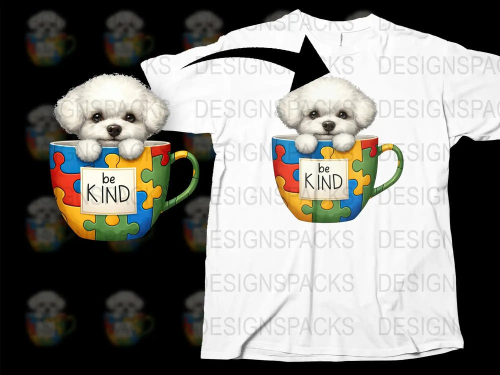 Cute Puppy in Mug T-Shirt, Be Kind Message, Colorful Puzzle Design, Kids and Adults Sizes Available