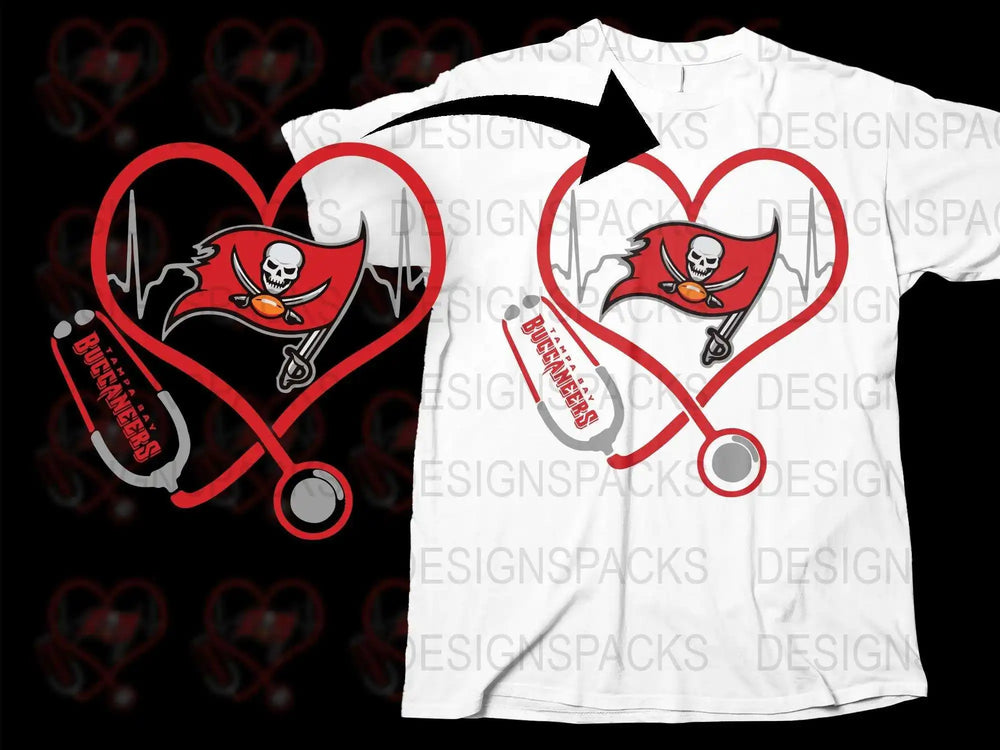 Tampa Bay Buccaneers Heartbeat T-Shirt, NFL Football Fan Gear, Casual Sports Apparel White Tee