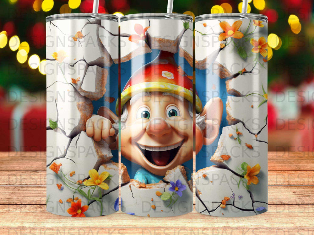 Cartoon gnome with large smile peeks through cracked wall with flowers.