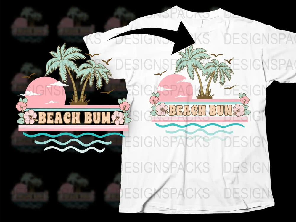 Tropical Beach Bum T-Shirt with Palm Trees and Sunset Graphic, Unisex Summer Tee