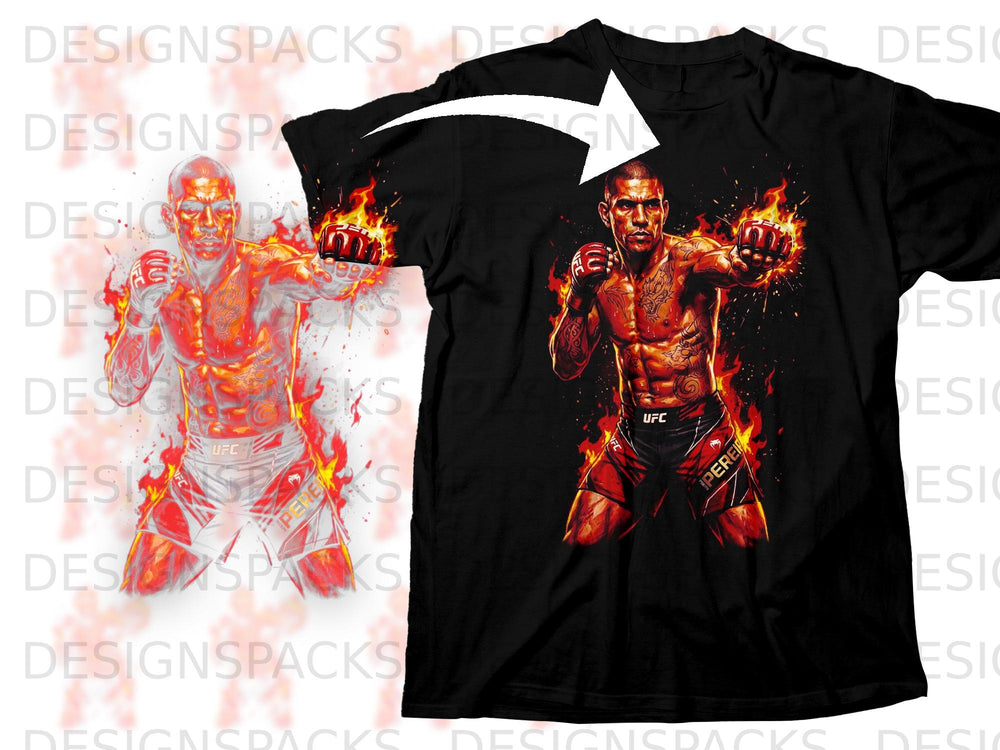 Black t-shirt with fiery UFC fighter Alex Pereira graphic and "PEREI" text.