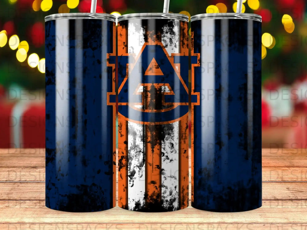 Navy and orange tumbler with distressed Auburn University logo.