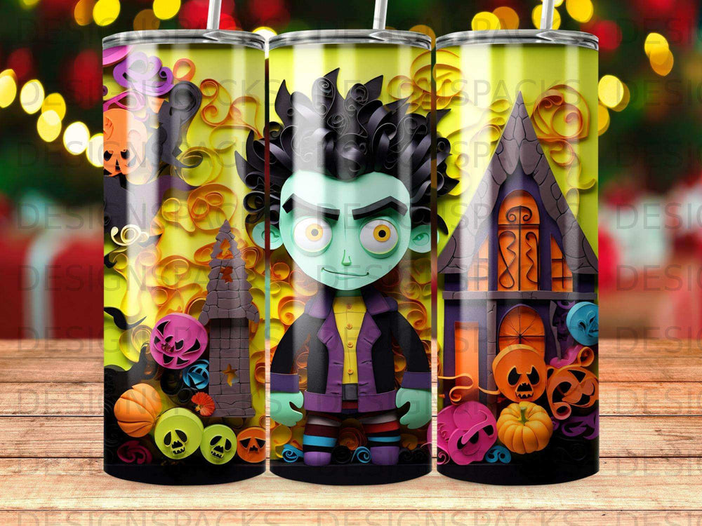 Green monster character with Halloween-themed background on a tumbler.