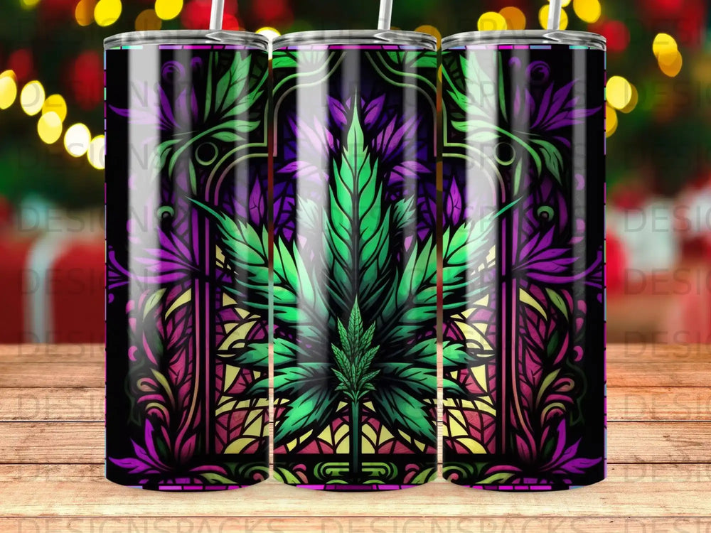 Cannabis leaf stained glass pattern on a black tumbler.