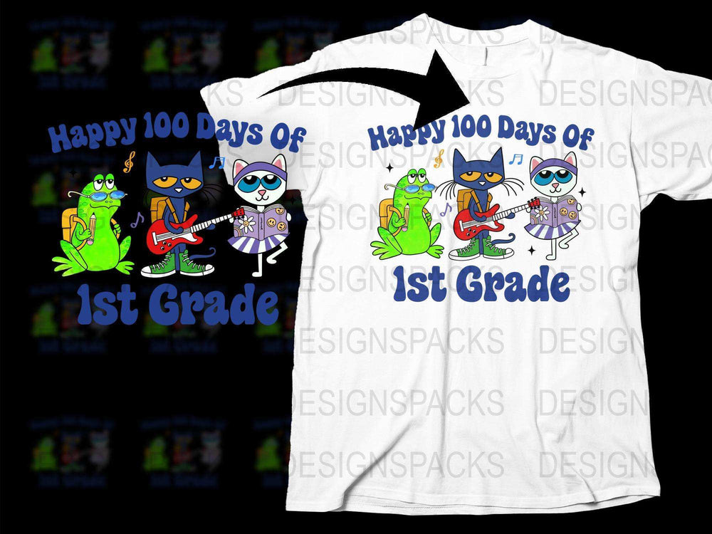 Happy 100 Days of 1st Grade T-Shirt, Cartoon Animals Band Design, Kids White Tee, School Celebration Top, Fun Graphic Shirt for Children