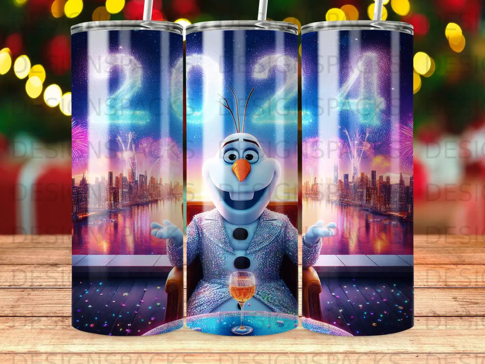 Olaf in a sparkly suit sits at a table with a drink, celebrating 2024 with fireworks.