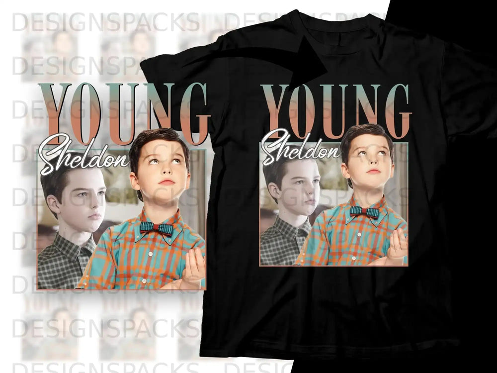 Young Sheldon graphic on black t-shirt.