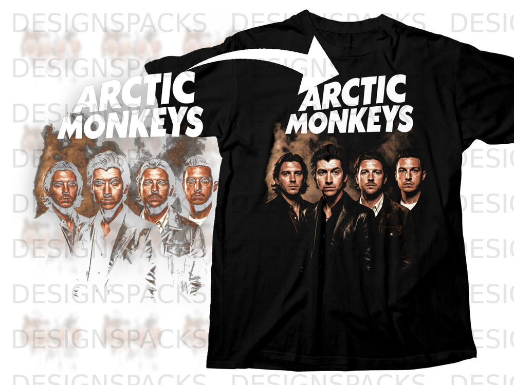 Black t-shirt with "Arctic Monkeys" and a stylized band portrait.