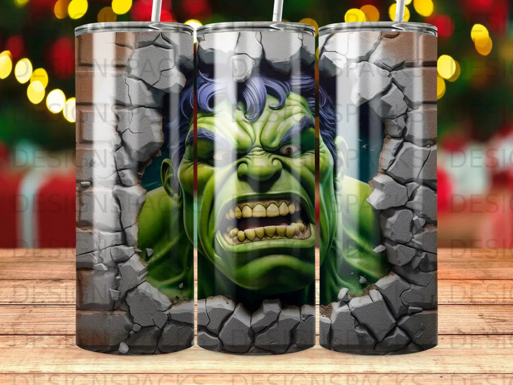 The Incredible Hulk breaking through cracked brick, on a tumbler design.