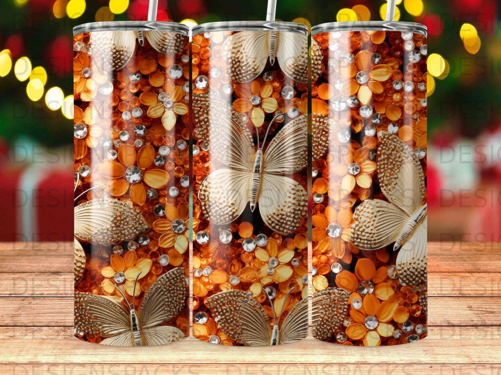 Gold butterflies and iridescent jewels on orange floral background, full tumbler wrap.