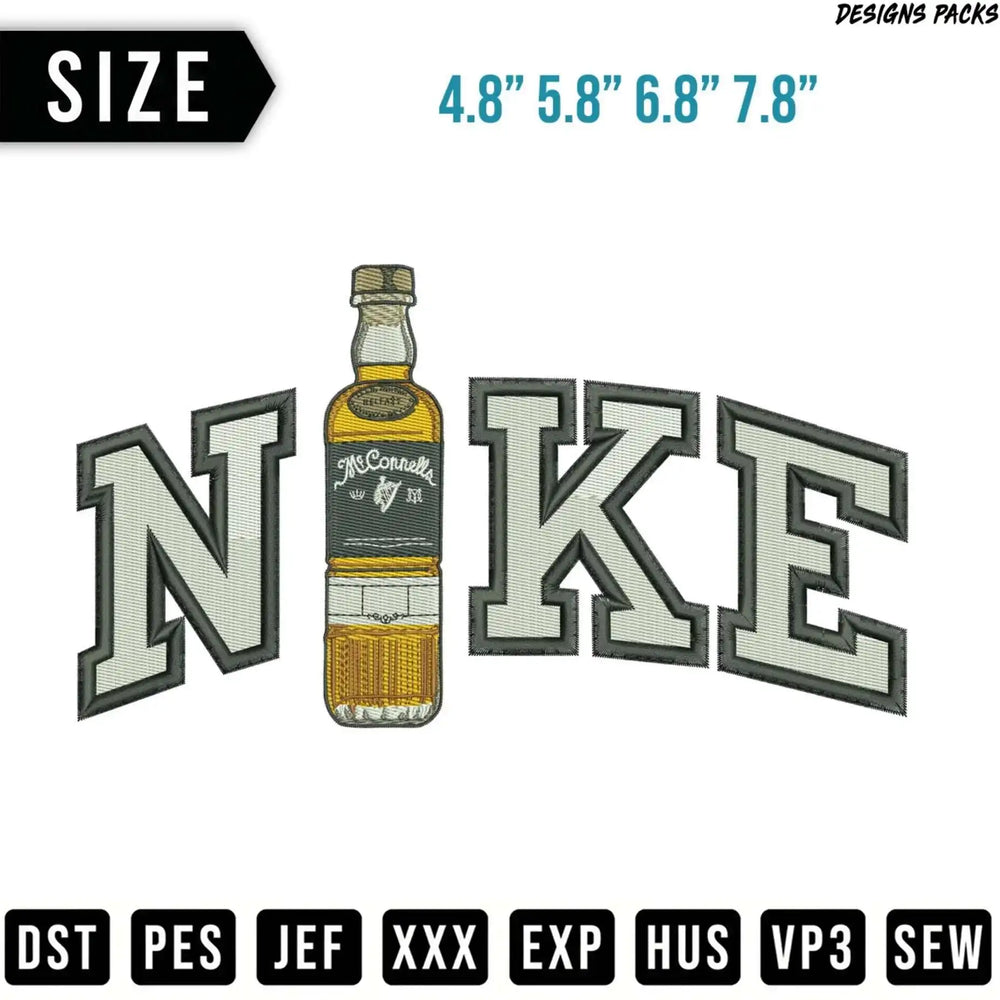 Embroidered Nike logo with a whiskey bottle graphic, sizes listed.