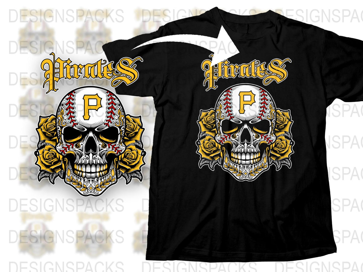 Pirates Baseball Skull T-Shirt, Sports Fan Graphic Tee, Black and Gold, Men's Fashion Apparel